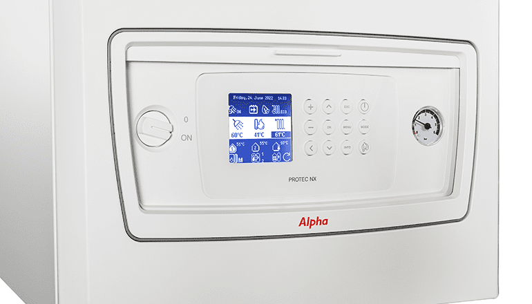 Close-up of the front panel of the Alpha's ProTec NX gas boiler