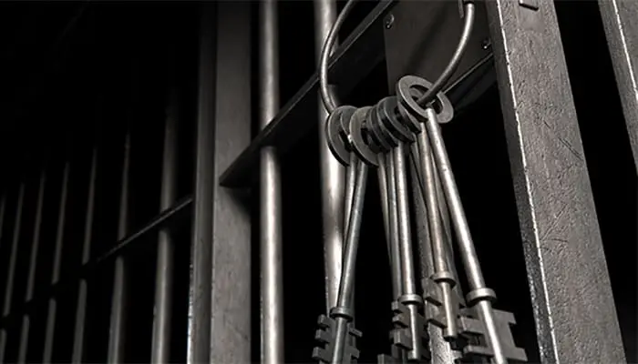 Black and white image of a bunch of keys on jail bars, illustrating a prison sentence