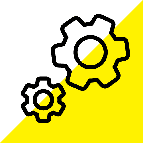 Icon showing two cogs on a yellow and white triangular background