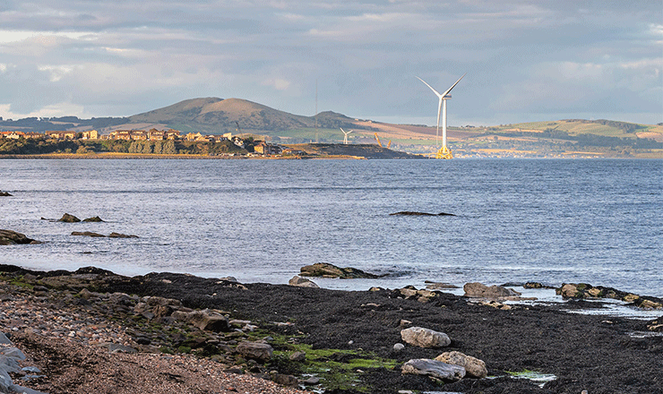 Wind turbine in a bay in Levenmouth, Fife