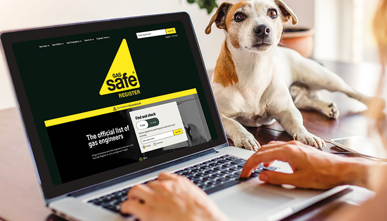 Person sitting at a laptop showing Gas Safe Register's website, with a cute dog sitting next to the laptop