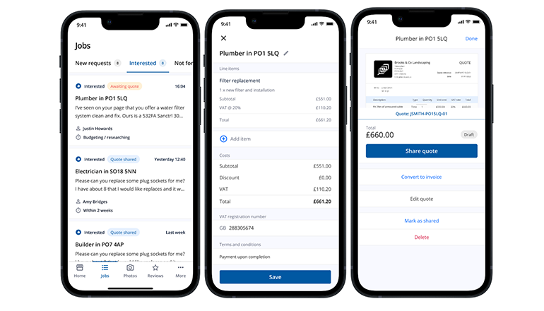 A series of three mobile phone screens showing different stages of Checkatrade quoting and invoicing tool