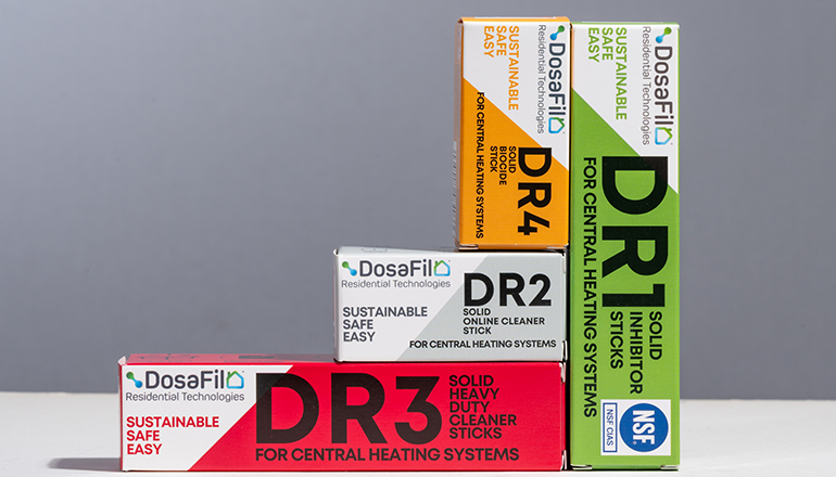 Image of 4 products from the Dosafil range of solid chemical treatments for heating systems