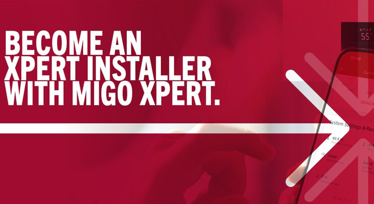 Graphic image of white text on a red background above an arrowhead. Text reads Become an Xpert Installer with MiGo Xpert