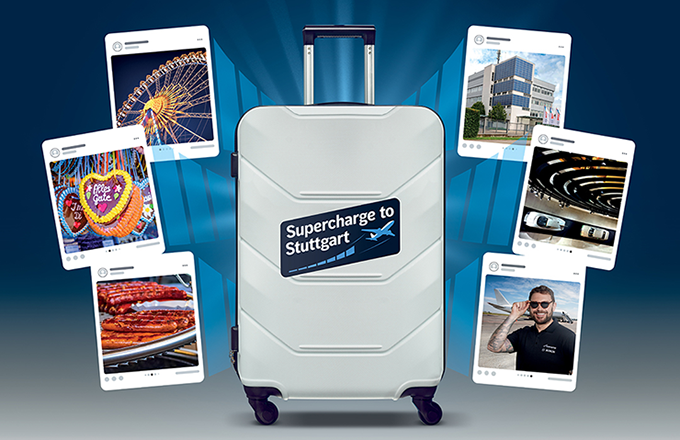A suitcase surrounded by pictures of iconic destinations. Text reads Supercharge to Stuttgart